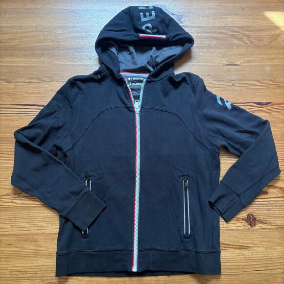 Fourlaps Peloton black gray lettering full zip mens hooded sweater SIZE L - Picture 1 of 6
